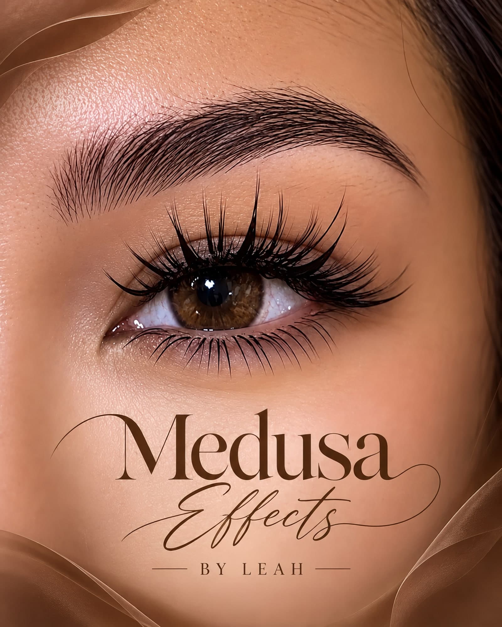Close-up of spiky Medusa lash extensions with Medusa Effects by Leah lettering