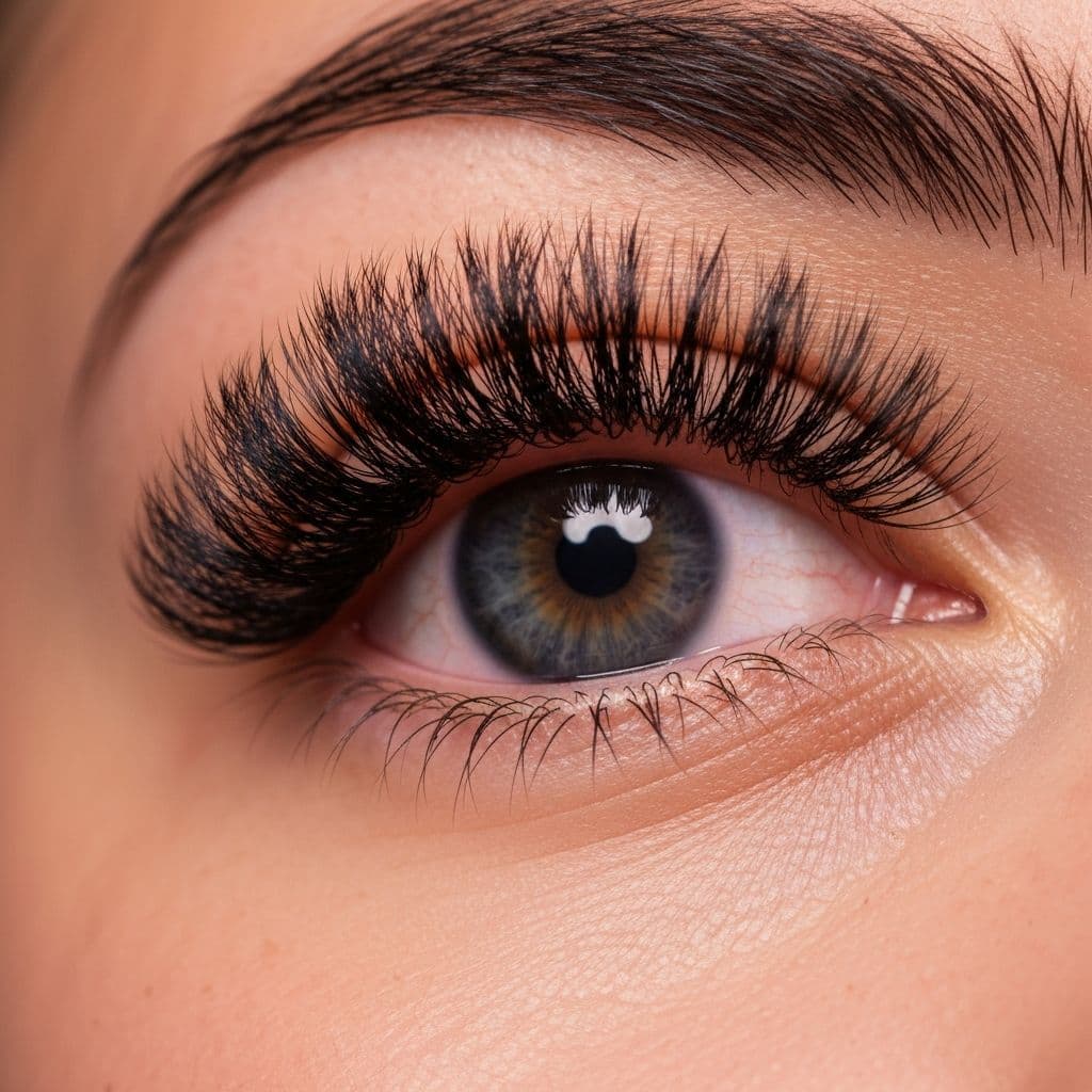 Close-up of eyelash extensions applied at LeahLASH